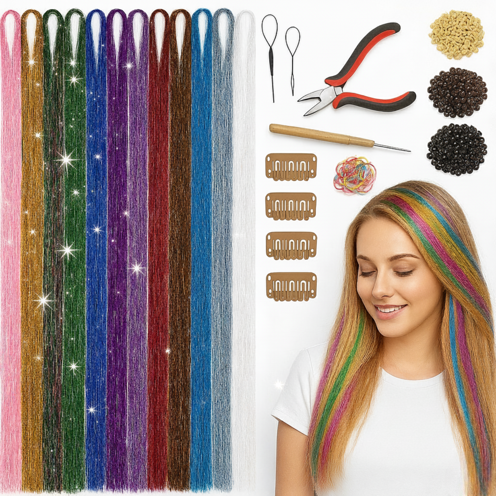 Herbiar Hair Tinsel Kit 12 Colors 47inch 2400 Strands Silver Extensions Women Girls Heat Resistant