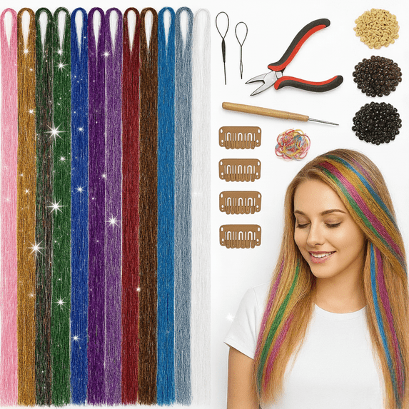 Herbiar Hair Tinsel Kit 12 Colors 47inch 2400 Strands Silver Extensions Women Girls Heat Resistant