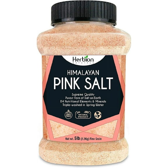 Herbion Himalayan Pink Salt 5 lb. (2.2 Kg) Jar - Fine Grain, GMO Free, Supreme Quality, Chemical Free, Vegan Kosher Certified, Fine Grain All-Natural Salt, Triple-washed in Spring Water