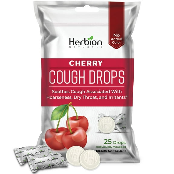 Herbion Naturals Cough Drops with Natural Cherry Flavor, Dietary Supplement, Soothes Cough, For Adults and Children over 6 years, 25 Drops, No Artificial Flavor, No Added Color.