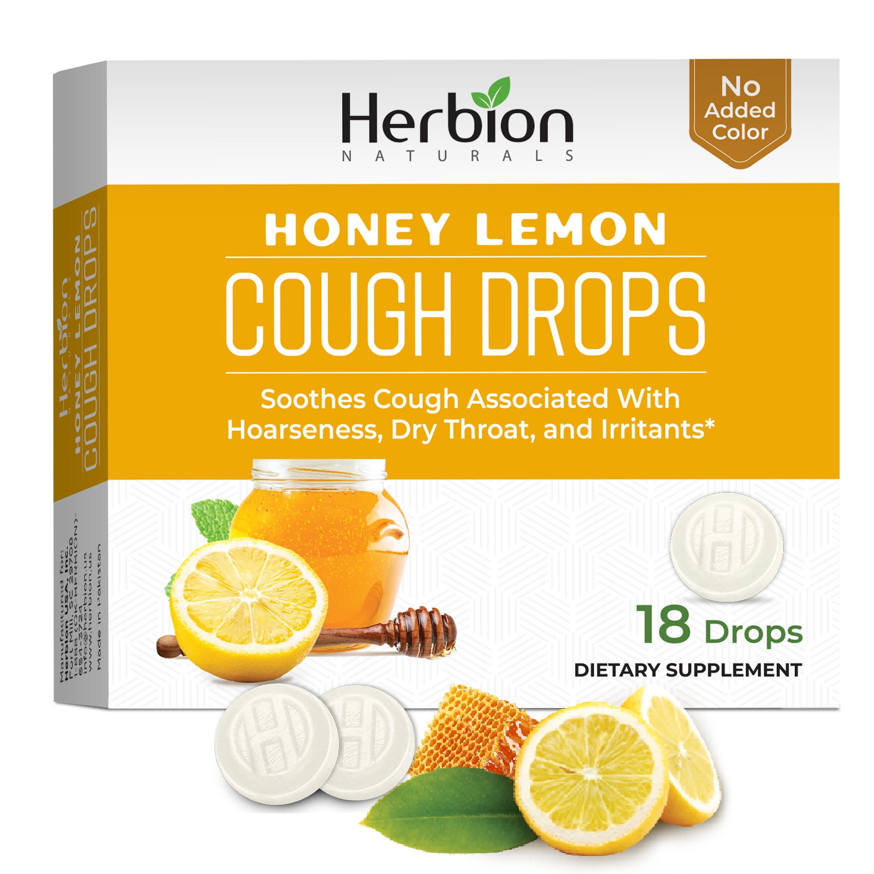 Herbion Naturals Cough Drops with Natural Honey Lemon Flavor, Dietary Supplement, Soothes Cough, For Adults and Children over 6 years, 18 Drops, No Artificial Flavor, No Added Color.