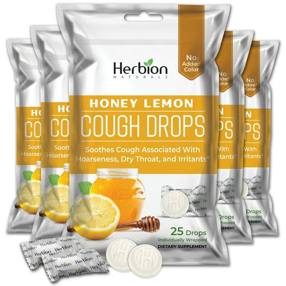 Herbion Naturals Cough Drops with Natural Honey Lemon Flavor, Dietary Supplement, Soothes Cough, For Adults and Children over 6 years, 25 Drops - 5 Packs (125 Lozenges)