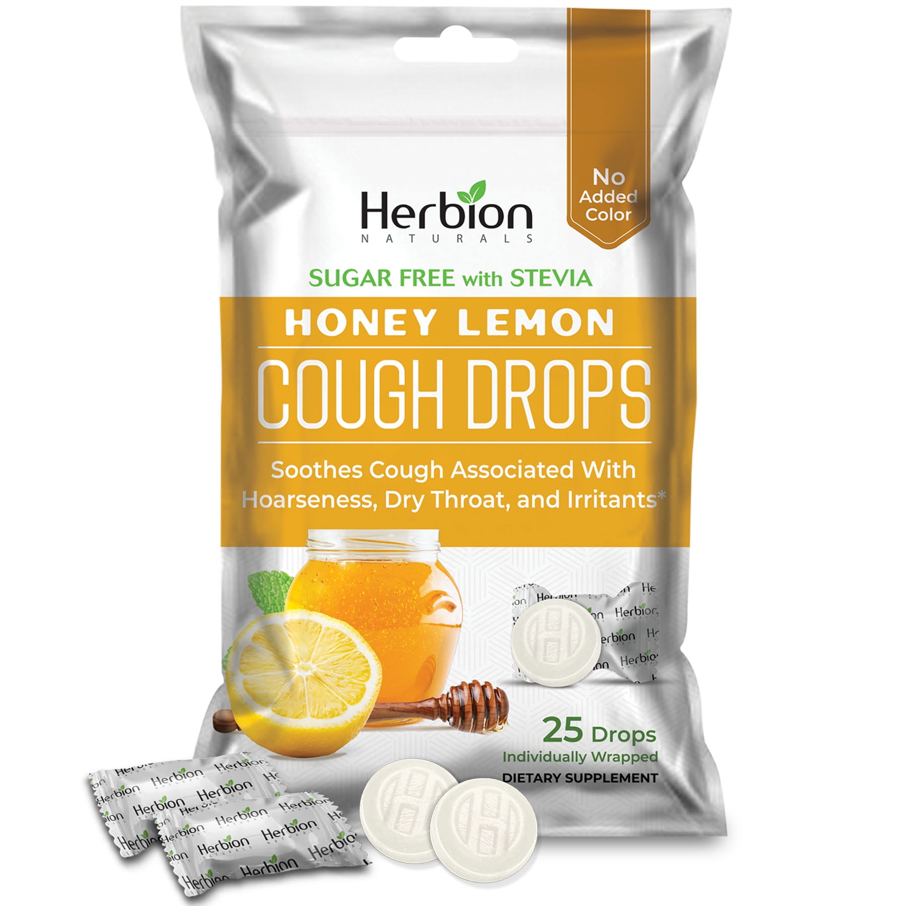 Herbion Naturals Cough Drops with Natural Honey Lemon Flavor, Sugar-Free with Stevia, Dietary Supplement, Soothes Cough, For Adults and Children over 6 years, 25 Drops, No Artificial Flavor, No Added