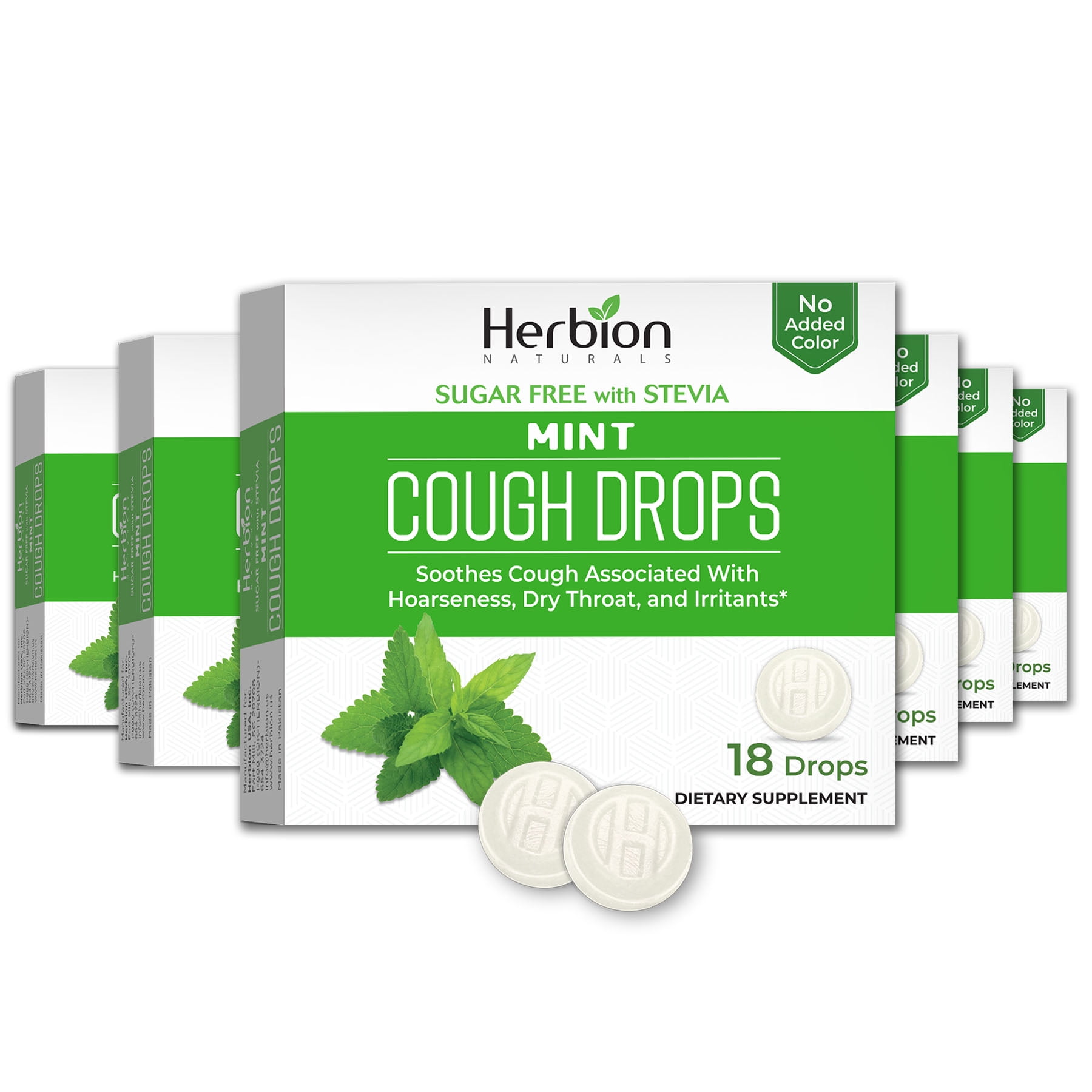 Herbion Naturals Cough Drops with Natural Mint Flavor, Sugar-Free with Stevia, Dietary Supplement, Soothes Cough, For Adults and Children over 6 years, 18 Drops - 6 Packs (108 Lozenges)