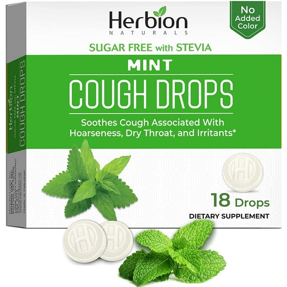 Herbion Naturals Cough Drops with Natural Mint Flavor, Sugar-Free with Stevia, Dietary Supplement, Soothes Cough, For Adults and Children over 6 years, 18 Drops, No Artificial Flavor, No Added Color
