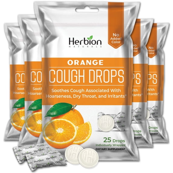 Herbion Naturals Cough Drops with Natural Orange Flavor, Dietary Supplement, Soothes Cough, For Adults and Children over 6 years, 25 Drops - 5 Packs (125 Lozenges)