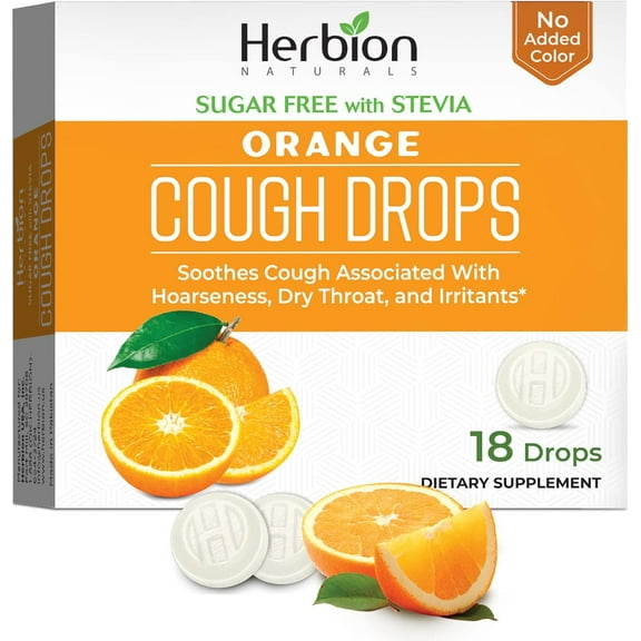 Herbion Naturals Cough Drops with Natural Orange Flavor, Sugar-Free with Stevia, Dietary Supplement, Soothes Cough, For Adults and Children over 6 years, 18 Drops, No Artificial Flavor, No Added Color