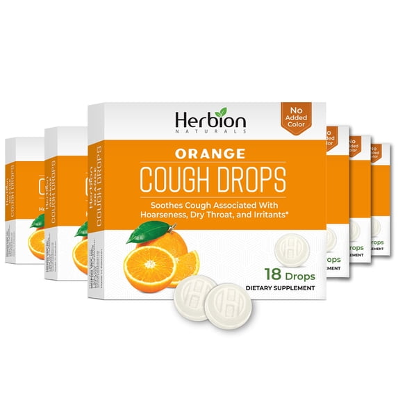Herbion Naturals Cough Drops with Orange Flavor – 18 Ct – Oral Anesthetic - Relieves Cough - Soothes Sore Throat & Dry Mouth – Eases Bronchial Irritation - For Adults, Children 6 and above. Pack of 6