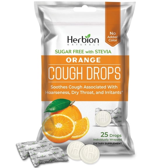 Herbion Naturals Sugar-Free Orange Cough Drops with Stevia, Dietary Supplement, Soothes Cough, for Adults & Children 6+, 25 Drops, No Artificial Flavors or Added Colors