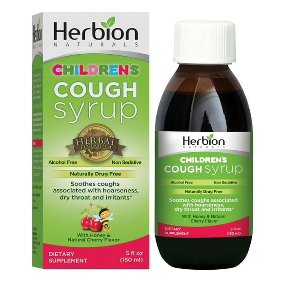 Herbion Naturals Cough Syrup for Children - 5 FL Oz - Good Tasting Supplement with Natural Honey & Cherry Flavor, Helps Relieve Cough, Promotes Healthy Lung Function - For Kids 13 Months and above.