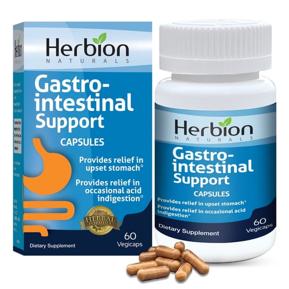 Herbion Naturals Gastro-intestinal Support Herbal Blend for Upset Stomach Relief, Gastrointestinal Health and Function, Occasional Acid Indigestion, Healthy Intestinal Flora, 60 Vegicaps