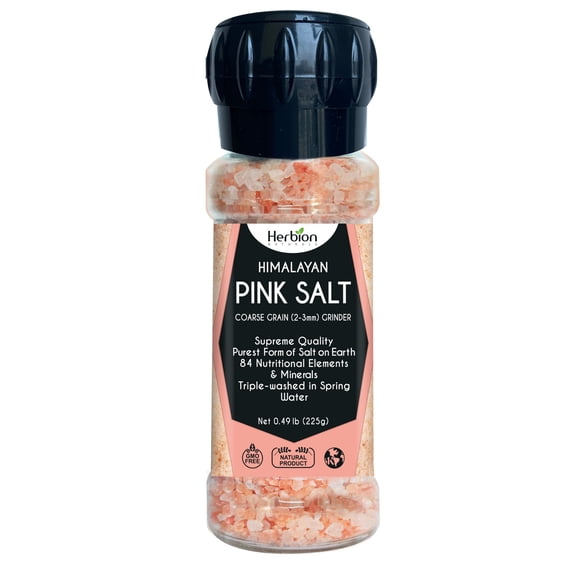Herbion Naturals Himalayan Pink Salt Grinder Coarse Grain, 100% Pure with 84 Minerals for Seasoning, Refillable, Organic, All-Natural Salt, Triple-Washed in Spring Water, Vegan, Kosher Certified