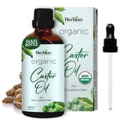 Herbion Naturals Organic Castor Oil 3.3 Oz, USDA Certified Organic, 100% Pure, Cold Pressed, Hexane-Free, Glass Bottle with Dropper