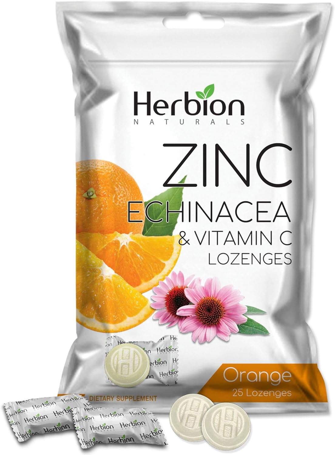 Herbion Naturals Zinc, Echinacea & Vitamin C Lozenges with Natural Orange Flavor - 25 CT Dietary Supplement Supports Immune System Promotes Overall Good Health for Adults and Children 5+