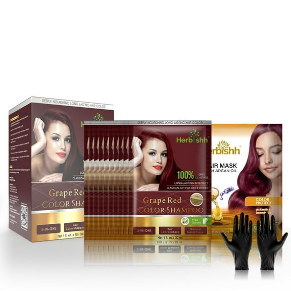 Herbishh Argan Hair Mask Shampoo - Natural Hair Dye for Gray Hair - Long-Lasting Color in Minutes - Travel Size - Ammonia-Free - 10+1 Pack (Grape Red)