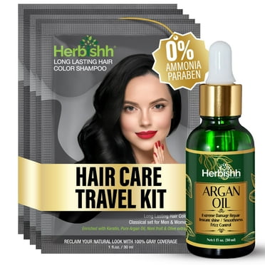 Herbishh Hair Dye Shampoo Black Color, 3-in-1 Shampoo Hair Color Travel Pack (30ml x5) + Argan Oil Hair Serum for Dry, Frizzy & Damaged Hair, Long Lasting Hair Color, For Women and Men, Travel Size