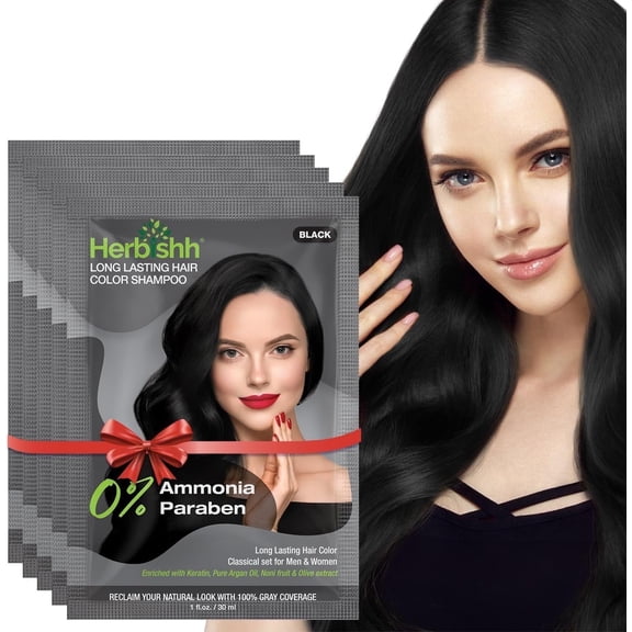 Herbishh Black Hair Color Shampoo for Gray Hair, 3-in-1 Dye Cleanse & Condition, Ammonia-Free, Long-Lasting Coverage, Easy to Use, Travel Pack, 30ml Each Sachet, Ideal for Men & Women, Pack of 5