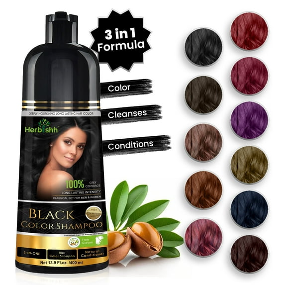 Herbishh Black Hair Color Shampoo for Gray Hair, Hair Dye Shampoo 3 in 1, 100% Gray Coverage, Permanent Hair Color for Men & Women, Ammonia-free, 400 ml