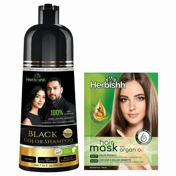 Herbishh Black Shampoo, Hair Dye Shampoo 3 in 1, 100% Grey Coverage, Demi-Permanent Hair Color for Men & Women, With Hair Mask Cream Combo