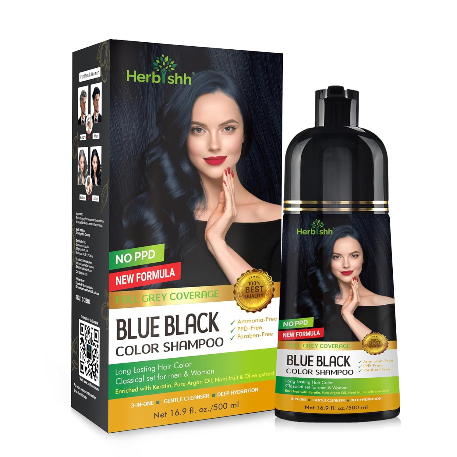 Herbishh Blue Black PPD-Free Hair Color Shampoo for Gray Hair, Hair Dye ...