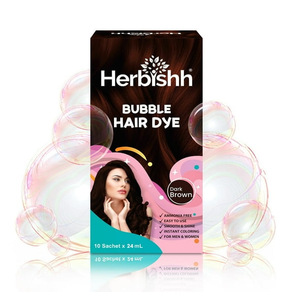 Herbishh 3-in-1 Bubble Foam Hair Dye Shampoo, Dark Brown, 10 Sachets x 24ml, Ammonia-Free, Long-Lasting Color for Men & Women