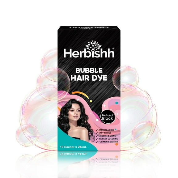 Herbishh 3-in-1 Bubble Foam Hair Dye Shampoo, Black, 10 Sachets x 24ml, Ammonia-Free, Long-Lasting Color for Men & Women