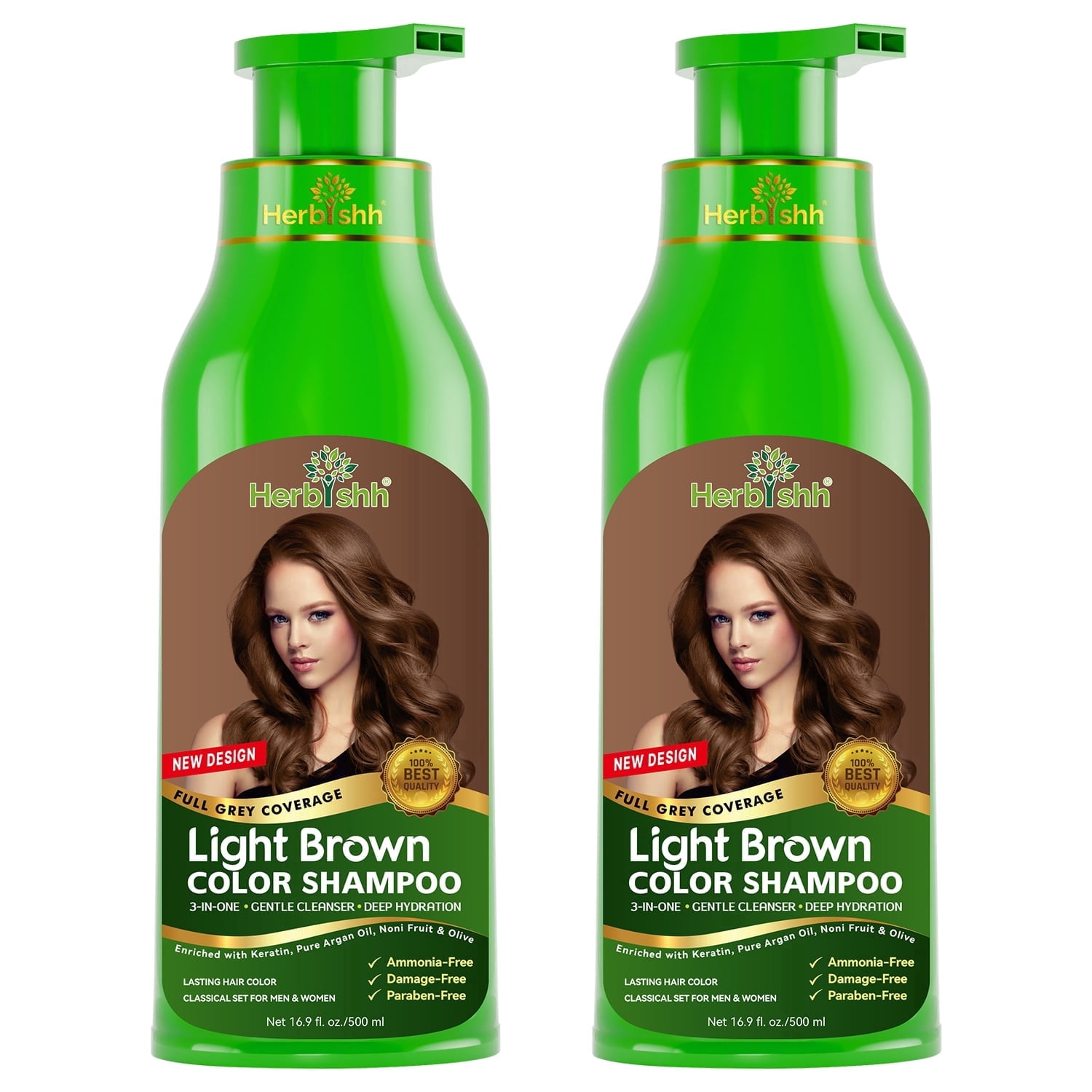 Herbishh Light Brown Hair Color Shampoo for Gray Hair, Permanent Color for Men & Women, 3-in-1 Color+Shampoo+Conditioner, 500ml – Buy 1 Get 1 Free