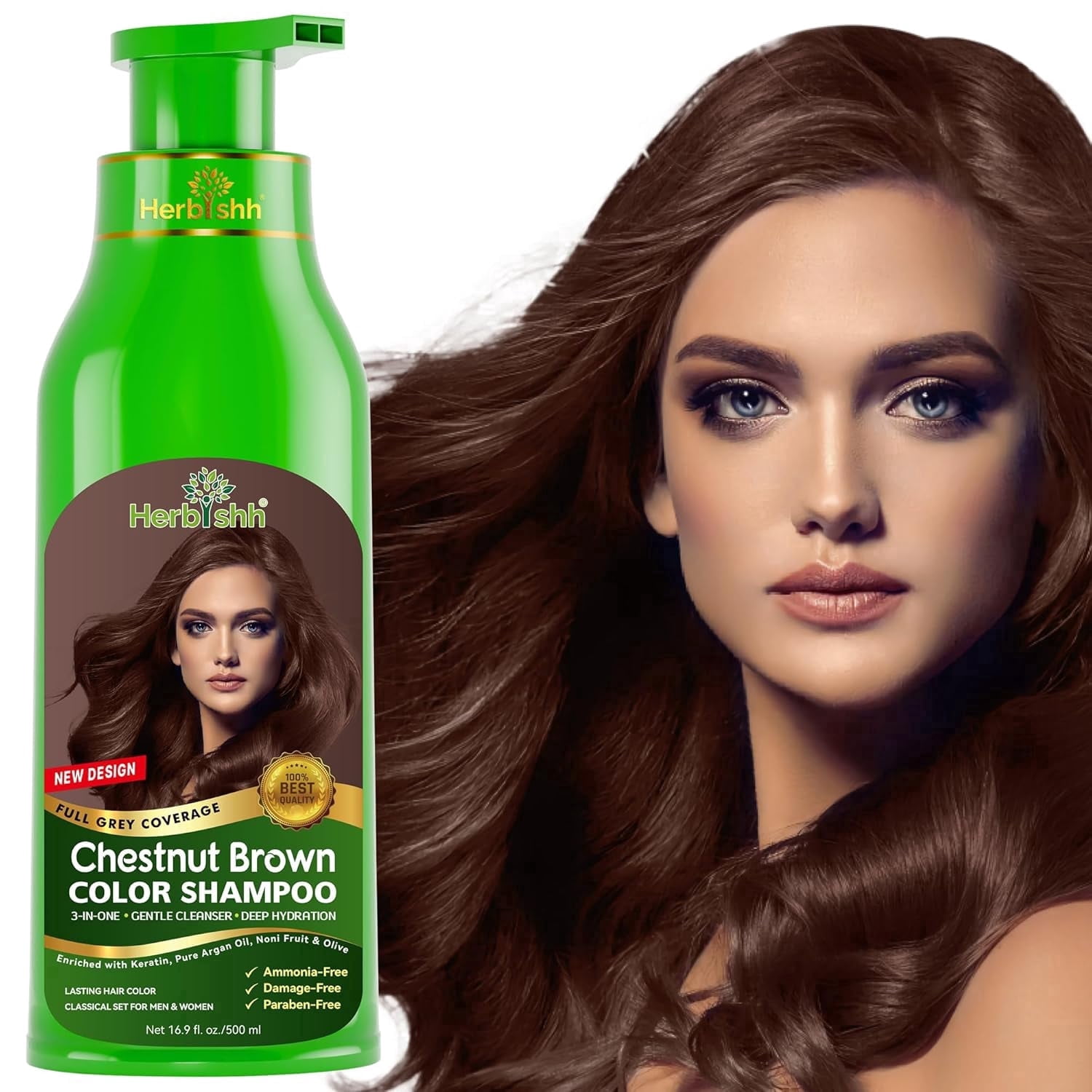 Herbishh, Chestnut Brown Hair Dye Shampoo 500ml, Ammonia-Free 3-in