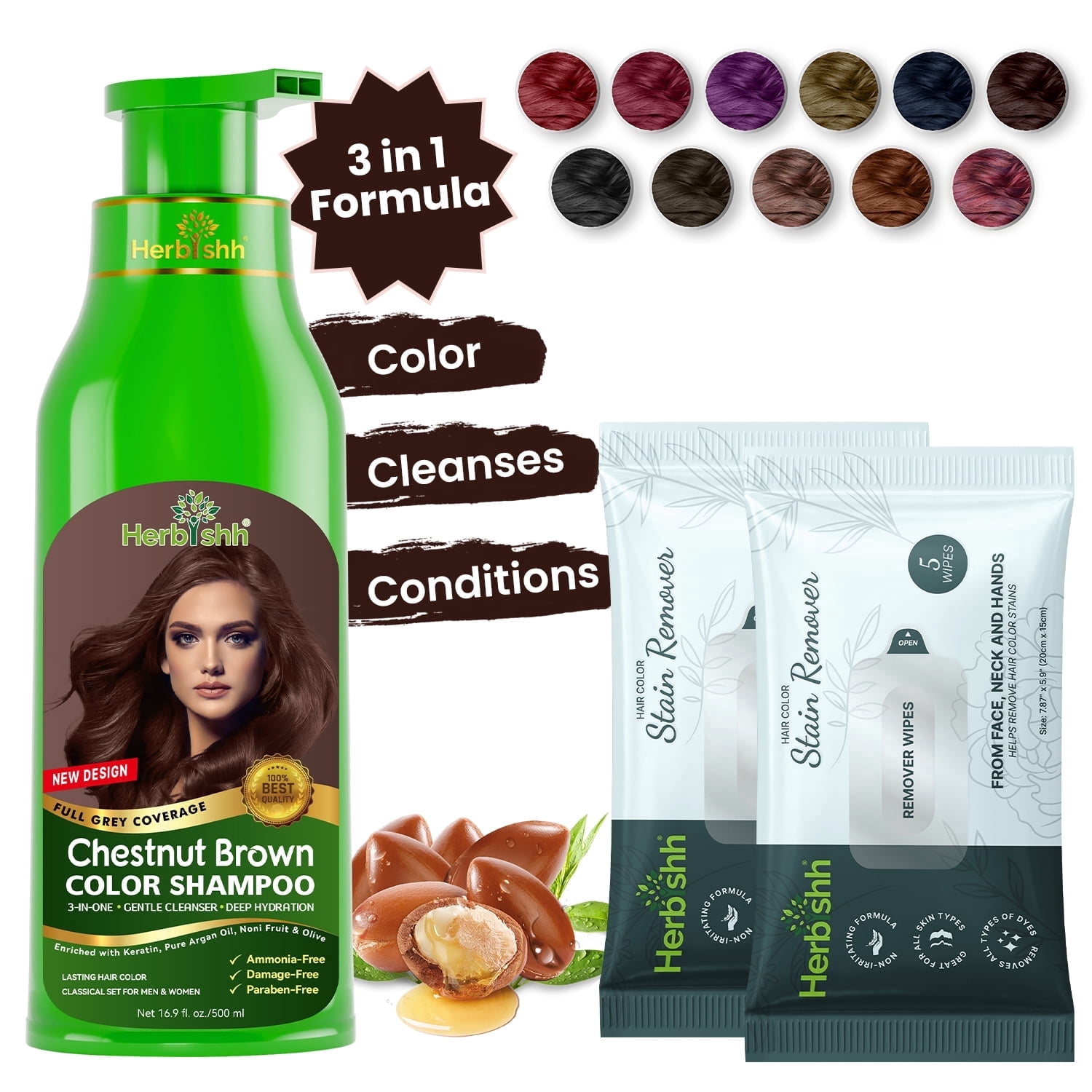 Herbishh Chestnut Brown Hair Color Shampoo for Gray Hair with Pack 2 Hair colour stain remover, Hair Dye Shampoo 3 in 1, 100% Gray Coverage, Permanent Hair Color for Men & Women, Ammonia-free, 500 ml