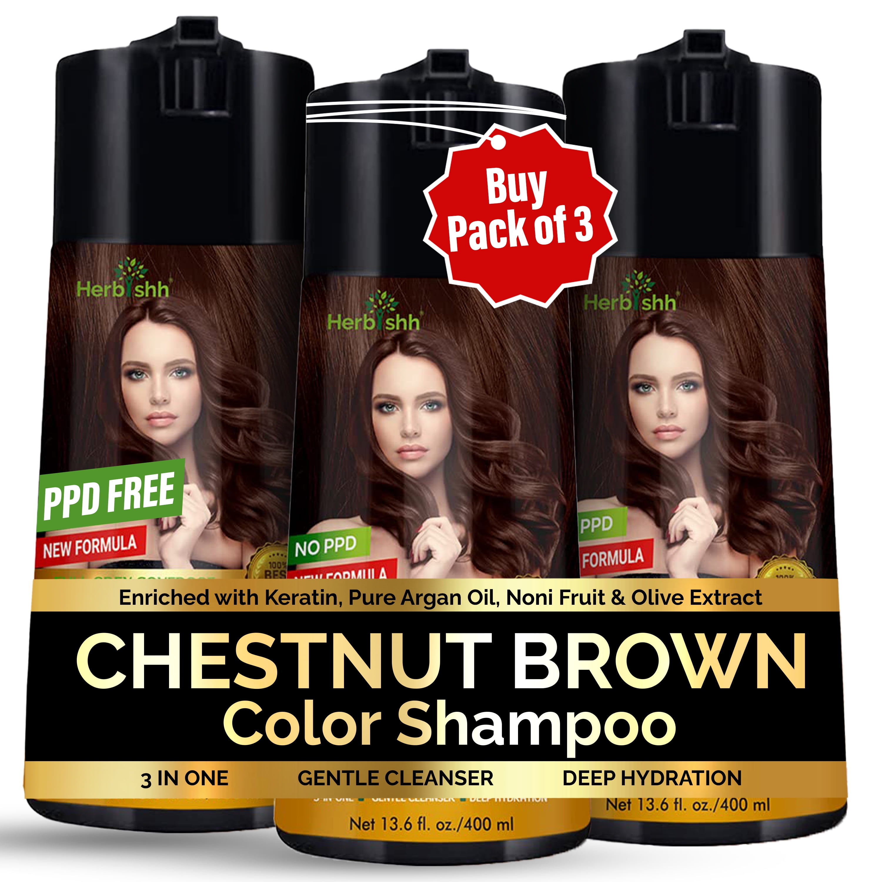 Shampoo Example Herbishh Chestnut Brown Pack of 3, PPD-Free Hair Color Shampoo for Gray ...