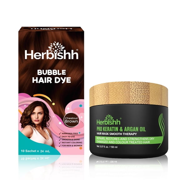 Herbishh Combo: Bubble Hair Dye Shampoo - Chestnut Brown & Argan Oil Hair Mask, 150ml | 3-in-1 Permanent Hair Color, 100% Gray Coverage, Ammonia-Free, Travel-Friendly