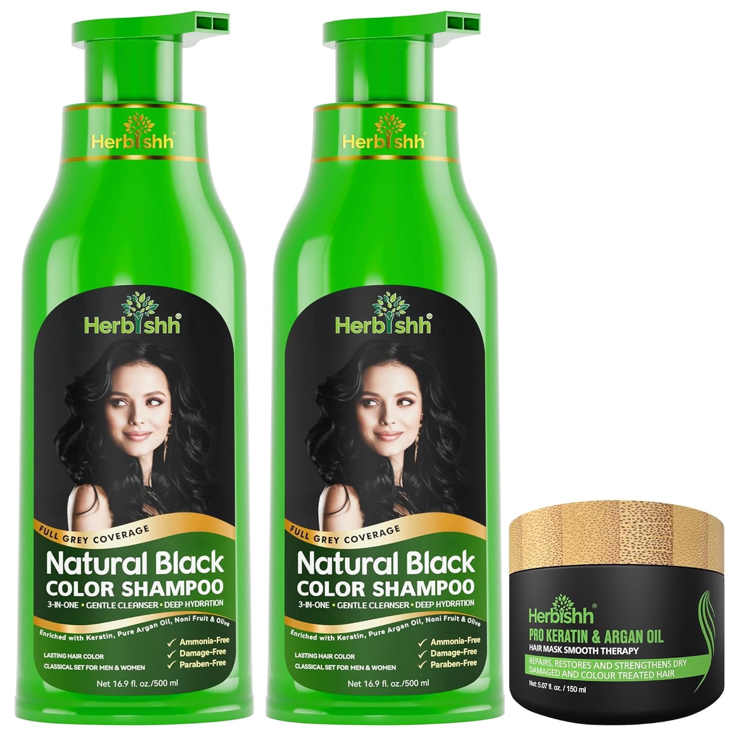 Herbishh Ultimate Hair Color Shampoo Kit(2Pcs Hair Color Shampoo+ 1Argan Hair Mask) for Grey Hair Permanent Hair Color Shampoo for Men and Women Long Lasting Shampoo Easy to Apply (Black)