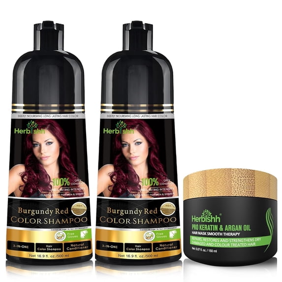 Herbishh Combo Pack - 2 Pc Hair Color Shampoo, Long Lasting Color, (500 ml, Burgundy) + 1 Pc Argan Hair Mask, Nourishes Dry & Frizzy Hair (150 ml)