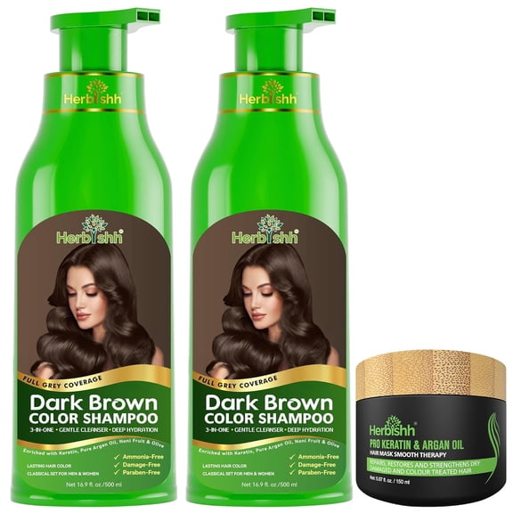 Herbishh Combo Pack - 2 Pc Hair Color Shampoo, Long Lasting Color, (500 ml, Dark Brown) + 1 Pc Argan Hair Mask, Nourishes Dry & Frizzy Hair (150 ml)