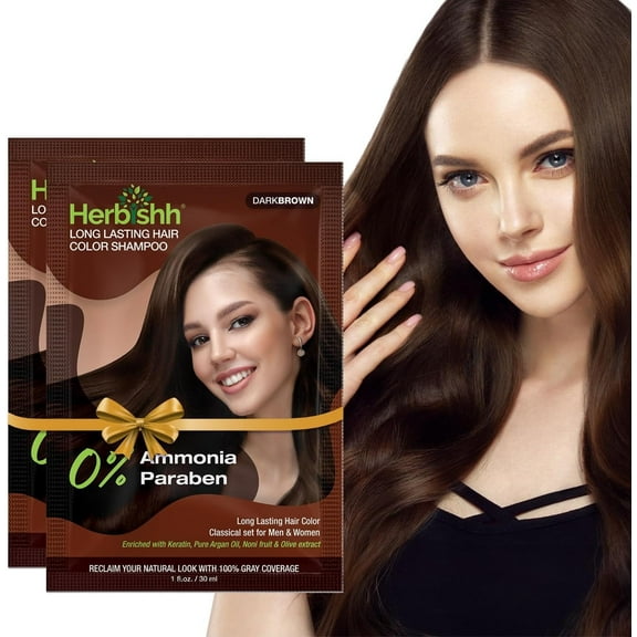 Herbishh Dark Brown Hair Color Shampoo for Gray Hair, 3-in-1 Dye Cleanse & Condition, Ammonia-Free, Long-Lasting Coverage, Easy to Use, Travel Pack, 30ml Each Sachet, Ideal for Men & Women, Pack of 2