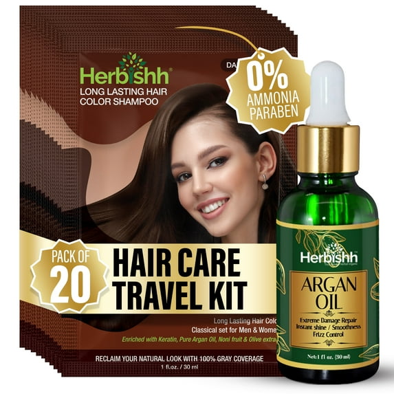 Herbishh Dark Brown Color Shampoo for Gray Hair, Hair Dye Shampoo 3 in 1, 100% Grey Coverage for Men & Women, Long-lasting & Travel-friendly, Ammonia-free, 30 ml (Pack of 20)