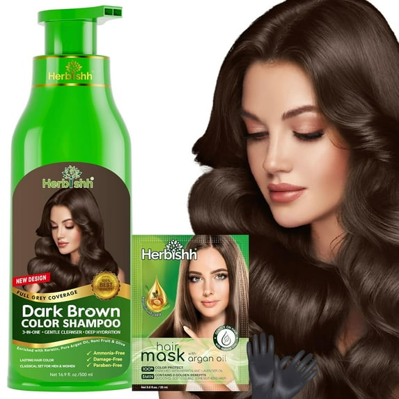 Herbishh Dark Brown Color Shampoo for Gray Hair, Permanent Hair Colour, Men & Women (500 ml)