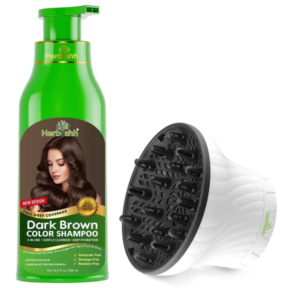 Herbishh Dark Brown Hair Color Shampoo 500ml – 3-in-1 Grey Coverage + Hair Dryer Diffuser for Curly & Wavy Hair Styling