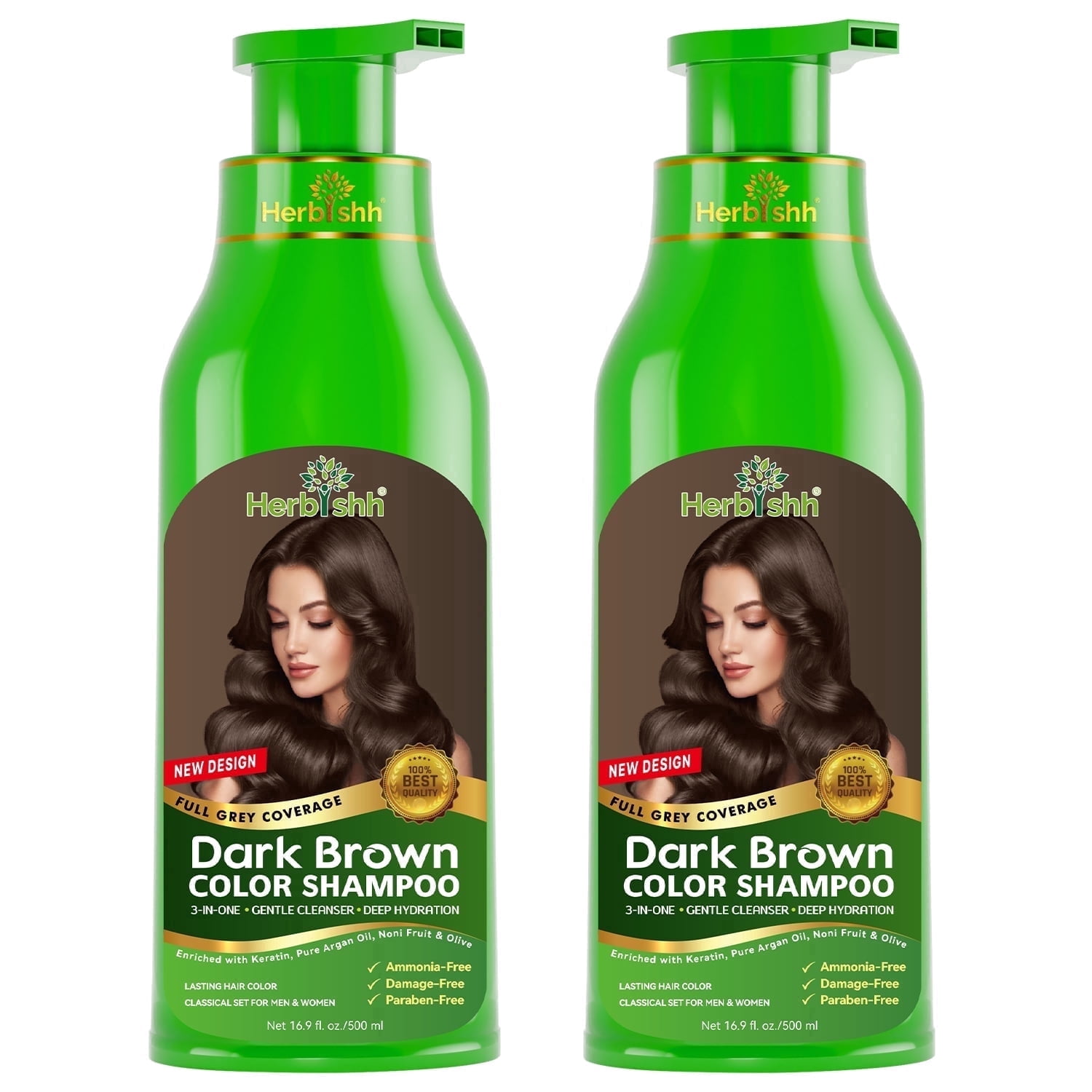 Herbishh Dark Brown Hair Color Shampoo for Gray Hair – Buy 1 Get 1 Free | 3-in-1 Hair Dye, Conditioner & Shampoo | 100% Gray Coverage | Ammonia-Free | 500ml Each | For Men & Women