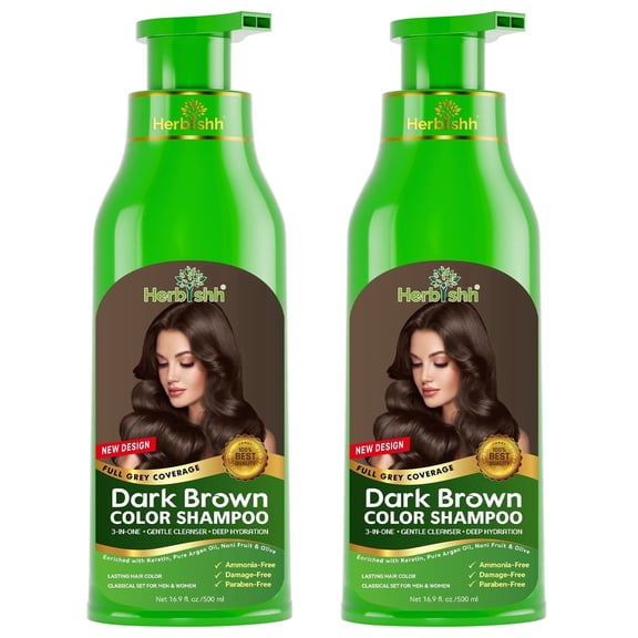 Herbishh Dark Brown Hair Color Shampoo for Gray Hair – Buy 1 Get 1 Free | 3-in-1 Hair Dye, Conditioner & Shampoo | 100% Gray Coverage | Ammonia-Free | 500ml Each | For Men & Women