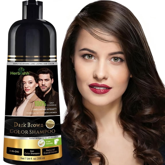 Herbishh Dark Brown Hair Color Shampoo for Gray Hair 200ml, Hair Dye Shampoo 3 in 1, 100% Gray Coverage, Permanent Hair Color for Men & Women, Ammonia-free