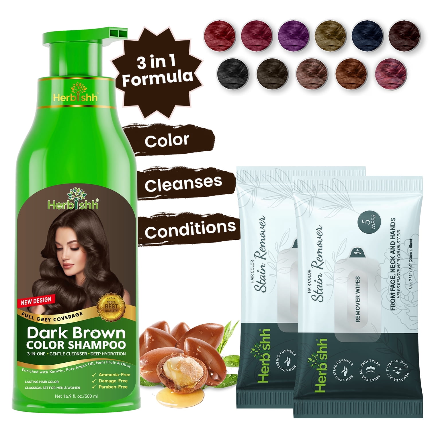 Herbishh Hair Color Shampoo for Gray Hair with 2 Stain Pouch Remover– Natural Hair Dye Shampoo – Colors Hair in Minutes – Long Lasting–500 Ml – 3-In-1 Hair Color – Ammonia-Free (Dark Brown)