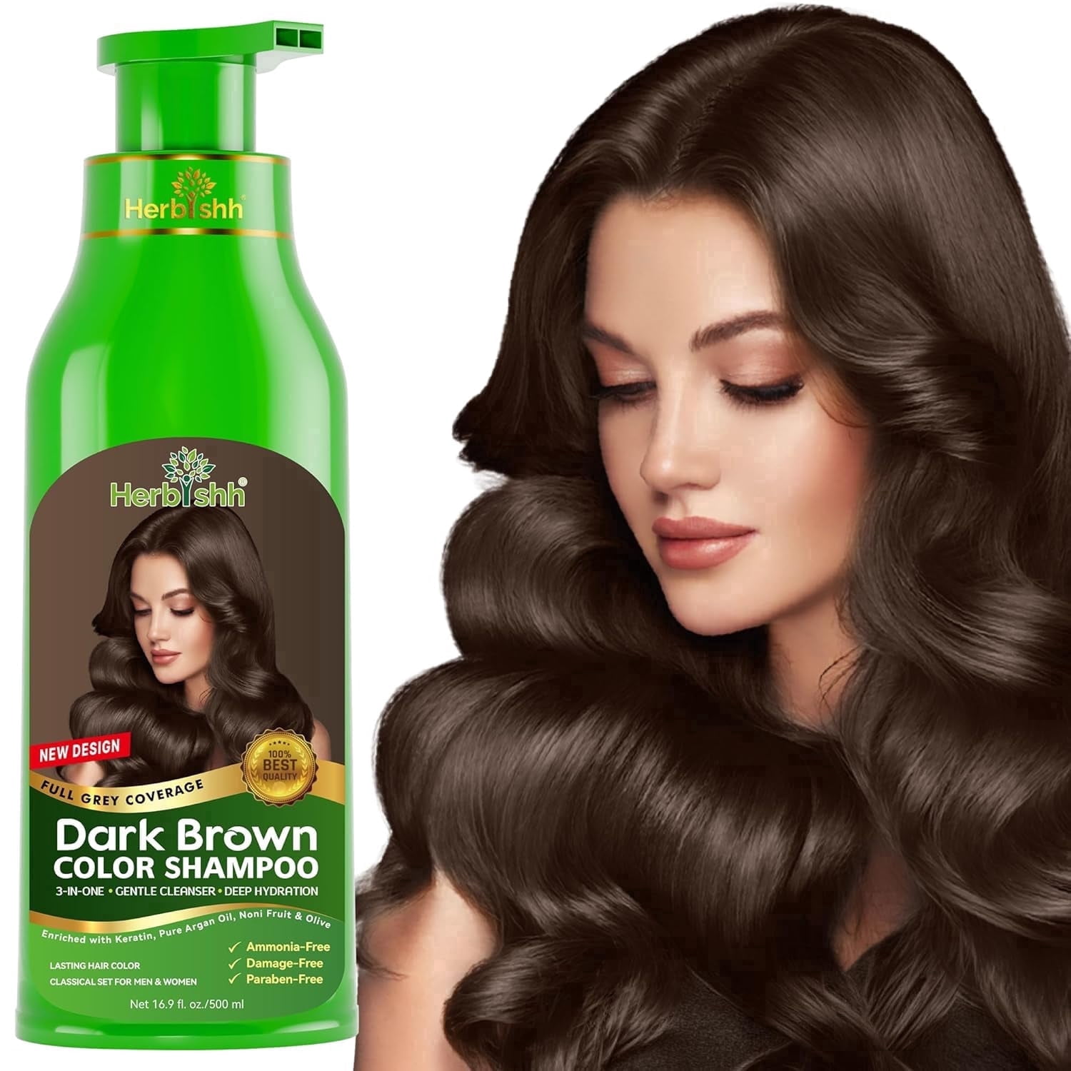 Herbishh Dark Brown Hair Color Shampoo for Gray Hair, Hair Dye Shampoo 3 in 1, 100% Gray Coverage,  Easy Application Shampoo Para Canas, Permanent Hair Color for Men & Women, Ammonia-free, 500 ml