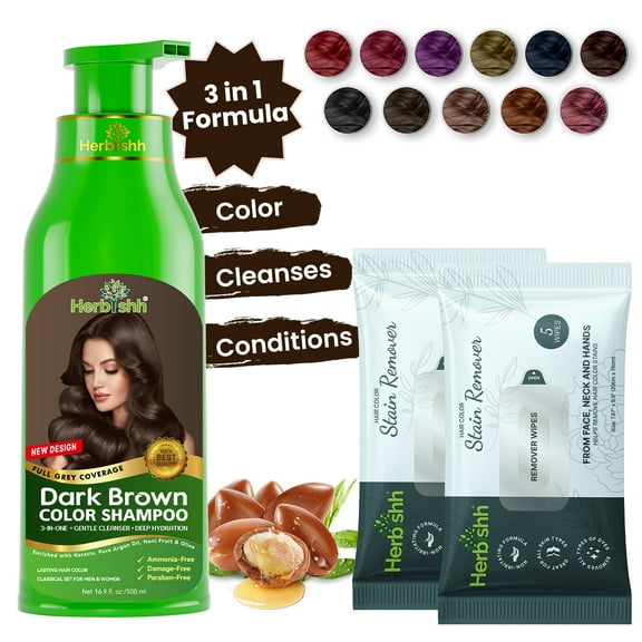 Herbishh Hair Color Shampoo for Gray Hair with 2 Stain Pouch Remover– Natural Hair Dye Shampoo – Colors Hair in Minutes – Long Lasting–500 Ml – 3-In-1 Hair Color – Ammonia-Free (Dark Brown)