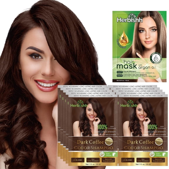 Herbishh Dark Coffee Hair Color Shampoo for Grey Coverage, Travel Size, 10 x 30 mL