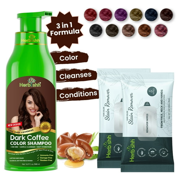Herbishh Dark Coffee PPD-Free Hair Color Shampoo for Gray Hair with stain remover(2), Hair Dye Shampoo 3 in 1, 100% Gray Coverage, Permanent Hair Color for Men & Women, Ammonia-free, 500 ml
