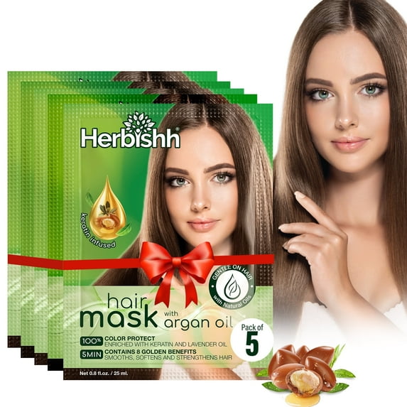 Herbishh Argan Hair Mask with Keratin for Deep Conditioning & Hydration, Revives Frizzy & Damaged Hair, Sulfate & Paraben Free, 25 ml