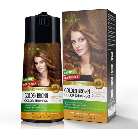 Herbishh Golden Brown PPD-Free Hair Color Shampoo for Gray Hair, Hair Dye Shampoo 3 in 1, 100% Gray Coverage, Permanent Hair Color for Men & Women, Ammonia-free, 400 ml