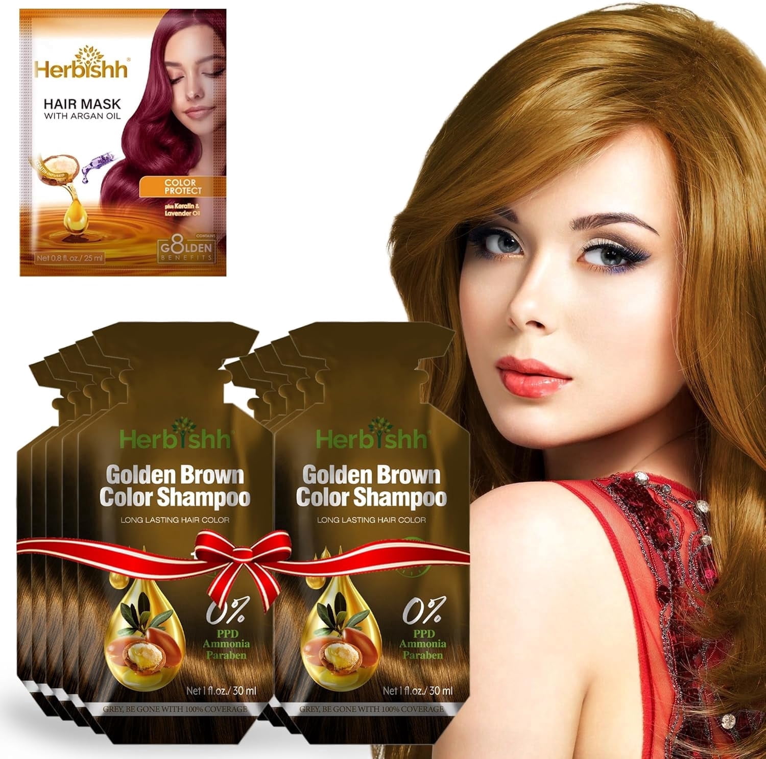 Herbishh Golden Brown PPD-Free Shampoo for Gray Hair, Travel-friendly Hair Dye Shampoo 3 in 1, 100% Gray Coverage, Permanent Hair Color for Men & Women, Ammonia-free, 30 ml