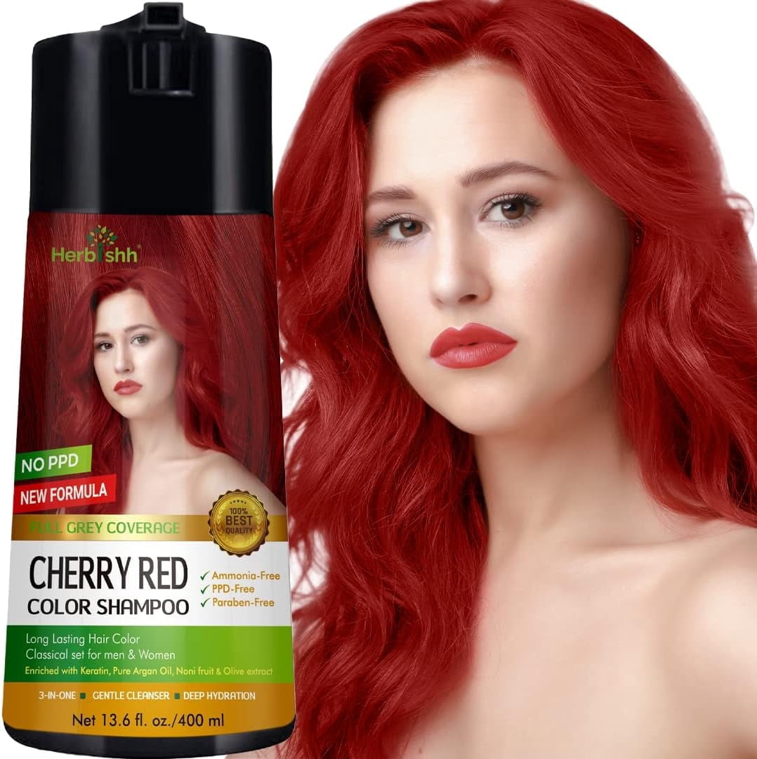 Herbishh Golden Cherry Red PPD-Free Hair Color Shampoo for Gray Hair, Hair Dye Shampoo 3 in 1, 100% Gray Coverage, Permanent Hair Color for Men & Women, Ammonia-free, 400 ml